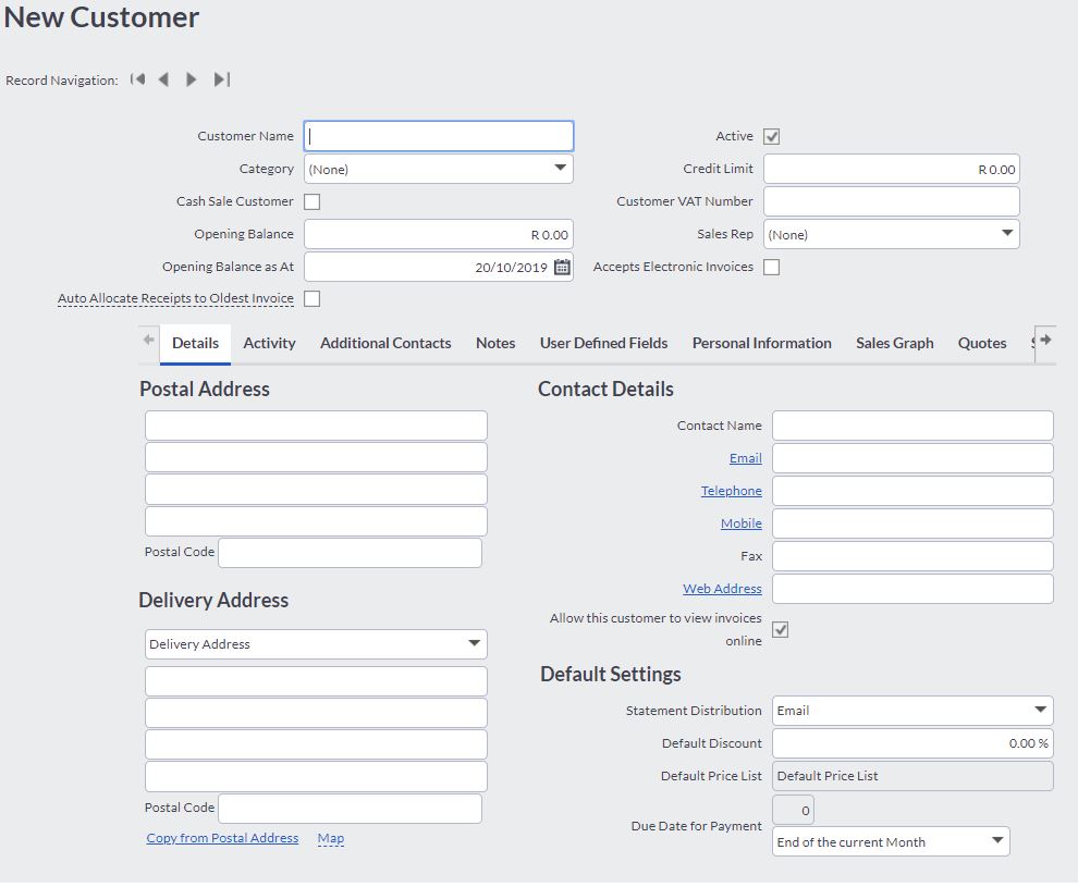 Sage dashboard display when adding a new customer