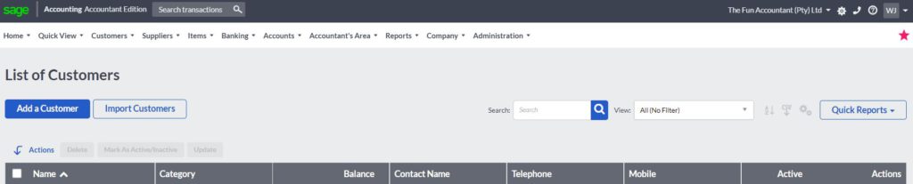 Sage Cloud Accounting customer list fields 