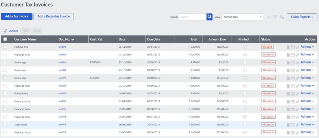 Sage cloud accounting invoice list