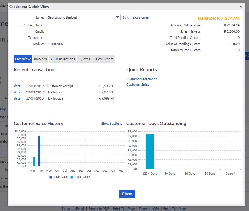 Sage Cloud Accounting customer quick view