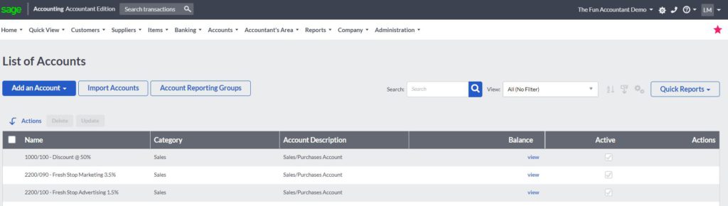 sage accounting list of accounts to add an account