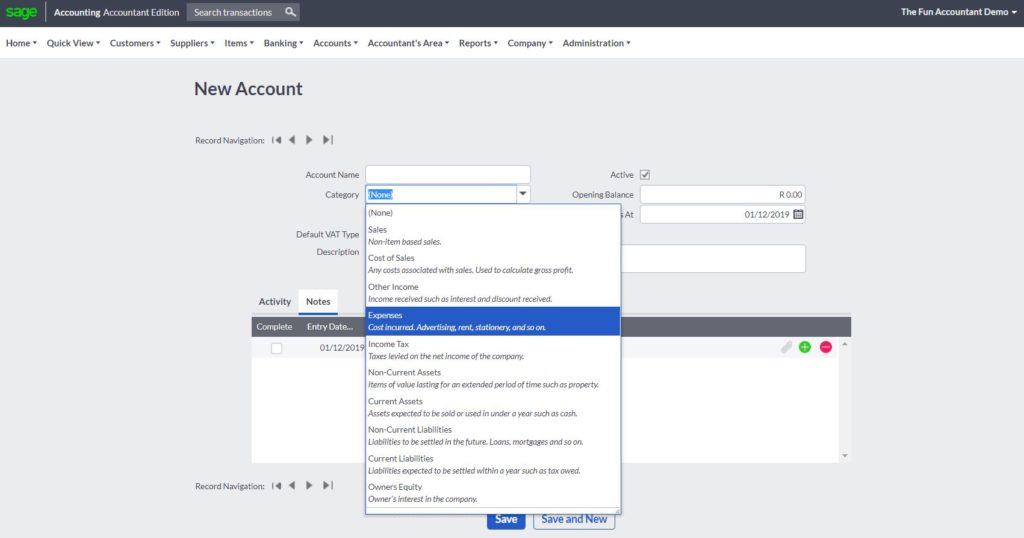 sage cloud accounting account categories