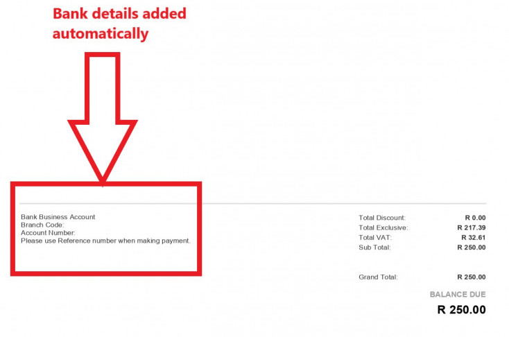 add bank details to an invoice in sage