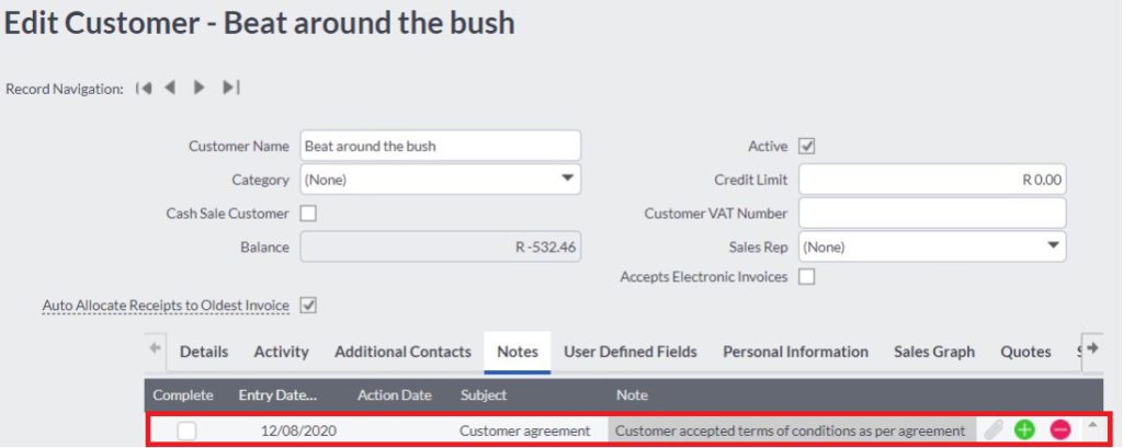 notes field in sage cloud accounting