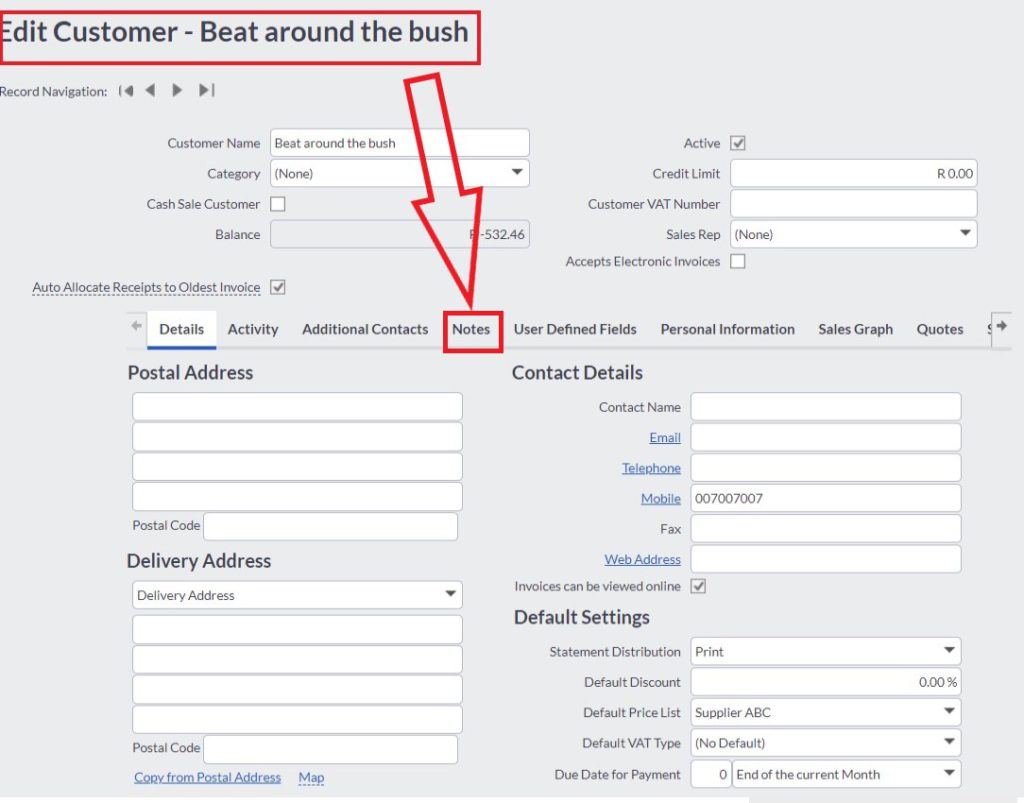 sage edit customer screen select notes