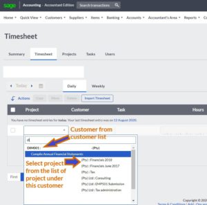 sage cloud accounting time tracking select customer & project