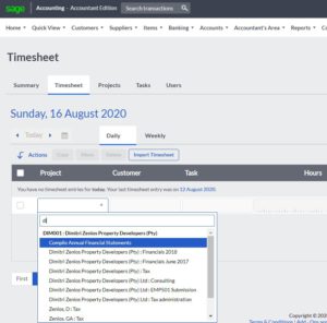 sage cloud accounting time tracking select customer and project