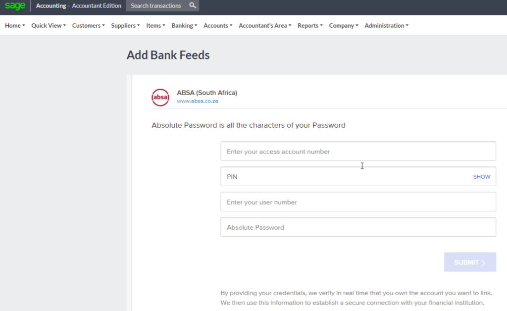 Sage bank feeds ABSA login details