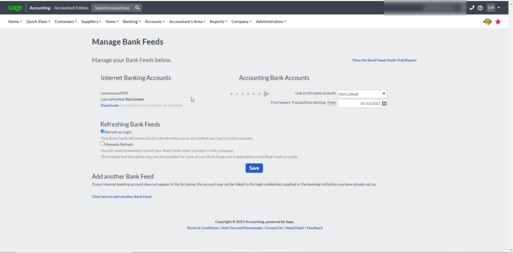 Sage manage bank feeds screen