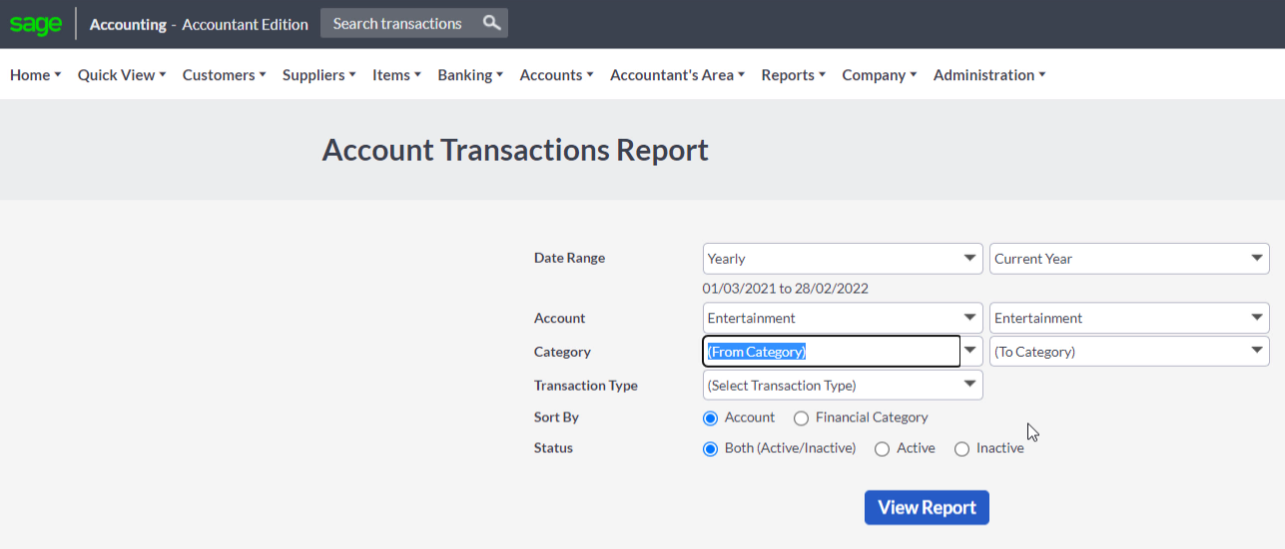 Sage transaction report menu