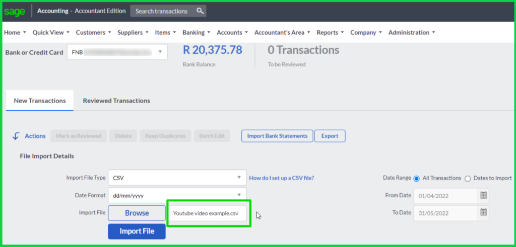 Import CSV bank statement in Sage Accounting