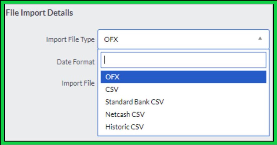 TFA Sage Accounting Import File dropdown list