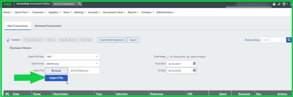 TFA Sage Accounting OFX import successful