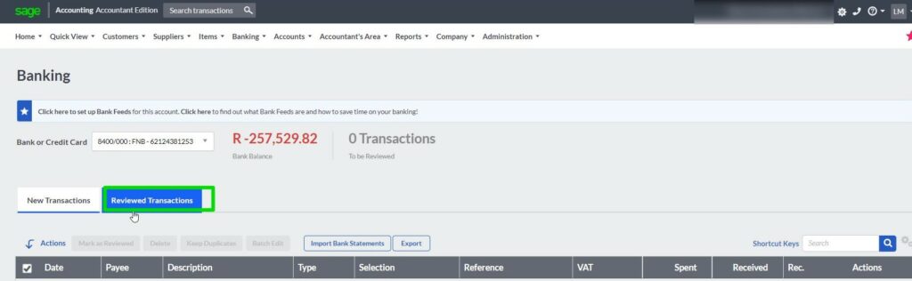 TFA Sage Accounting bank review transactions