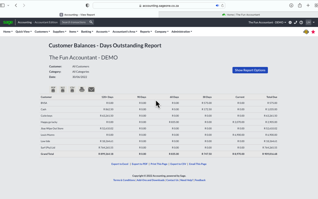 Customer Balances Days Outstanding Report in Sage Accounting example