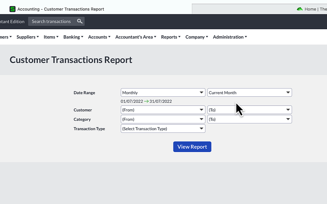 options for customer transactions report in Sage Accounting