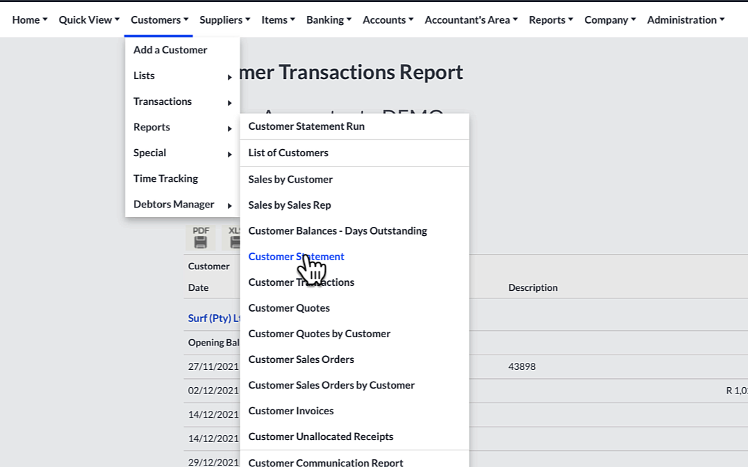 Sage Accounting navigate to customer statement