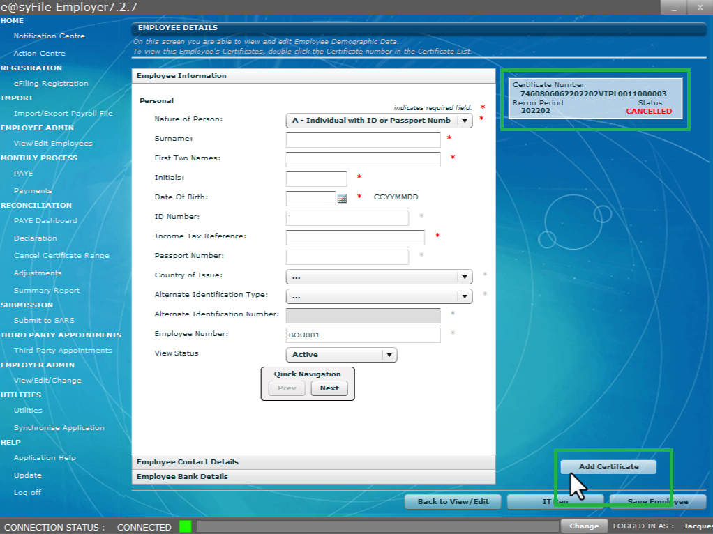 Add a new IRP5 Tax Certificate on E@syFile