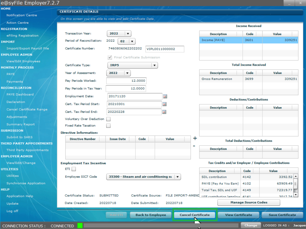 Cancel an Employee IRP5 Certificate on E@syFile