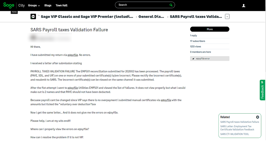 SARS Payroll taxes validation failure query from Sage City community posts