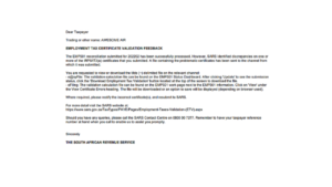 SARS employment tax certificate validation feedback