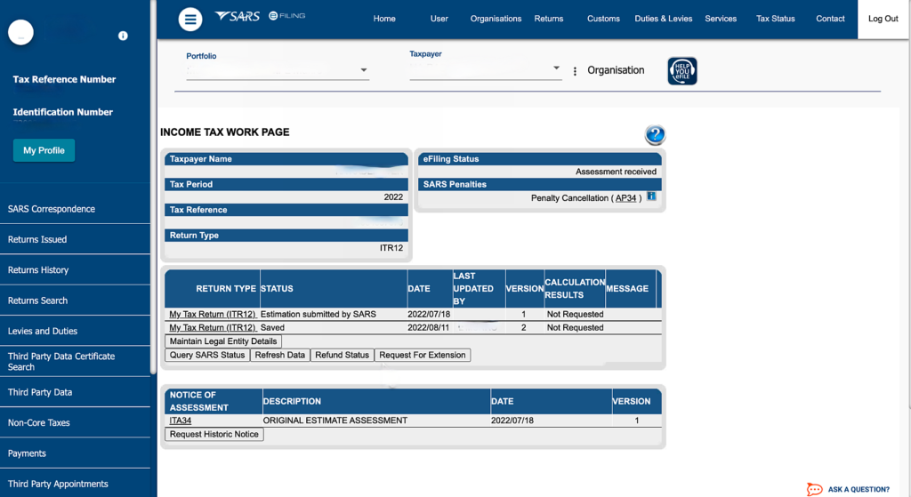 SARS filing Income Tax Work page