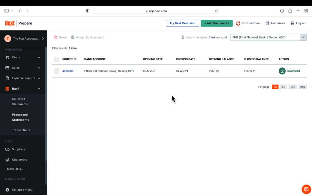 Dext bank extraction completed processed bank statements