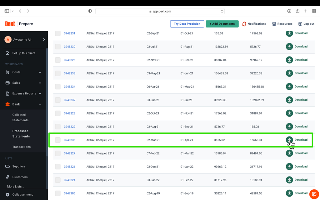 Dext download extracted bank transactions