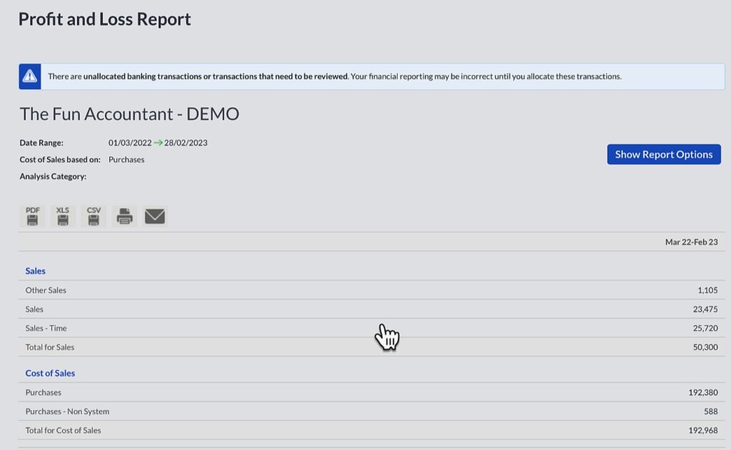 Sage profit and loss report from sage workspace