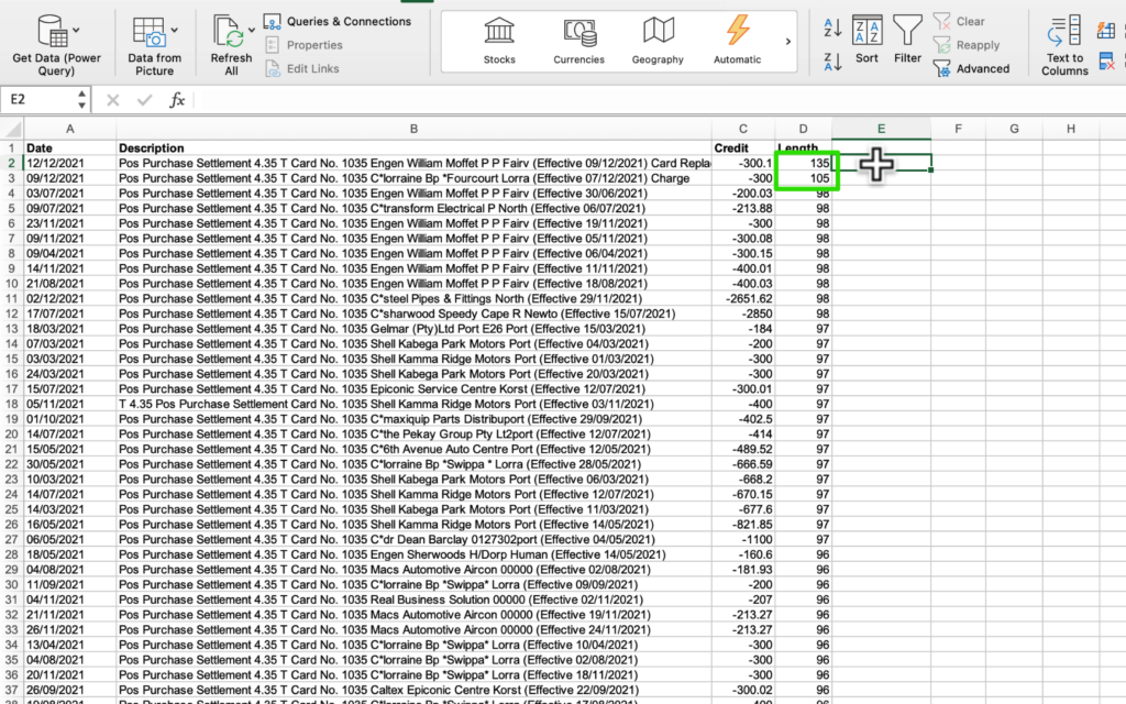 sage bank import excel len formula result