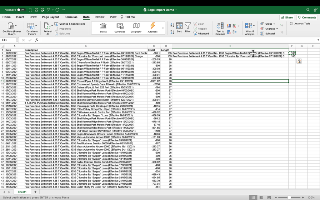 sage bank import reduce excel cell to 100 characters