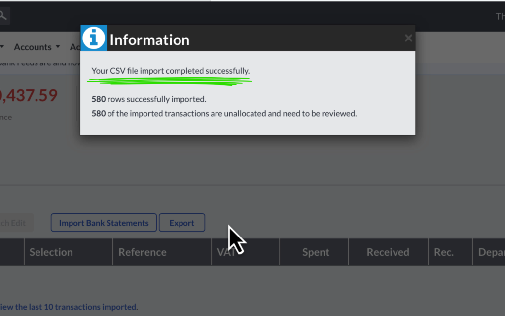 message from sage banking CSV file import successfully