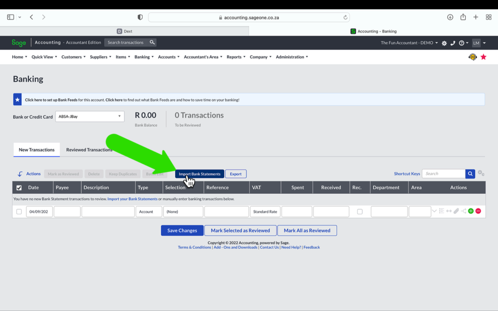 sage banking import bank transactions button