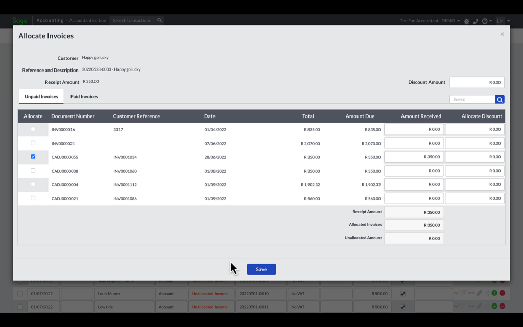 allocating a customer receipt to a customer invoice in Sage Accounting.