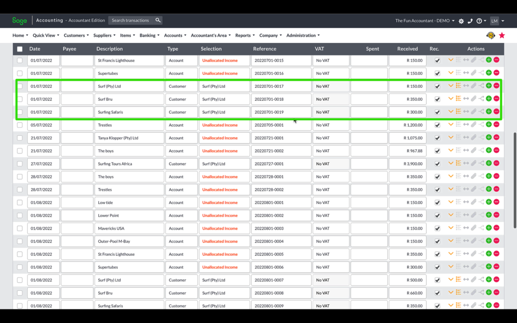 Sage Accounting bank transactions displayed