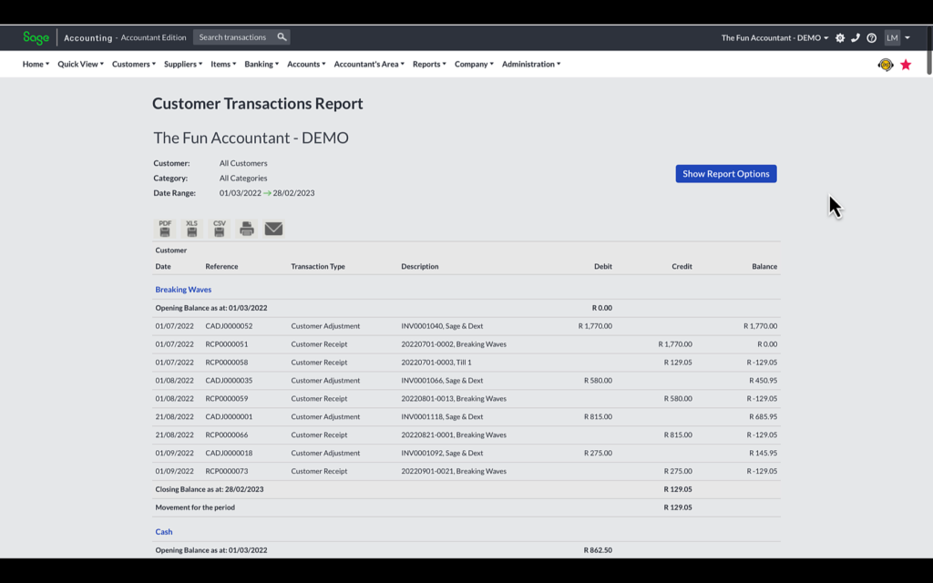 Sage Accounting customer ledger account.