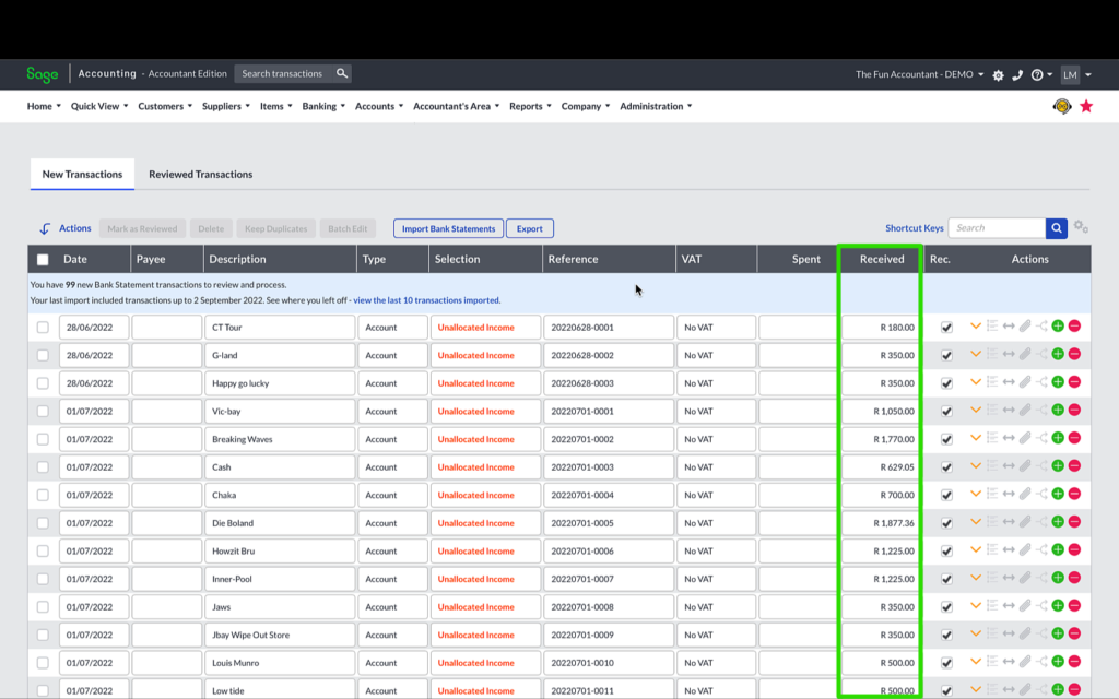 sort bank by receipts column in Sage Cloud Accounting.