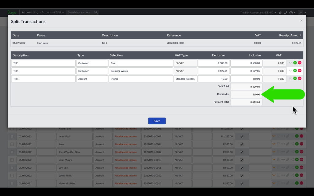 split a cash bank receipt in Sage Accounting