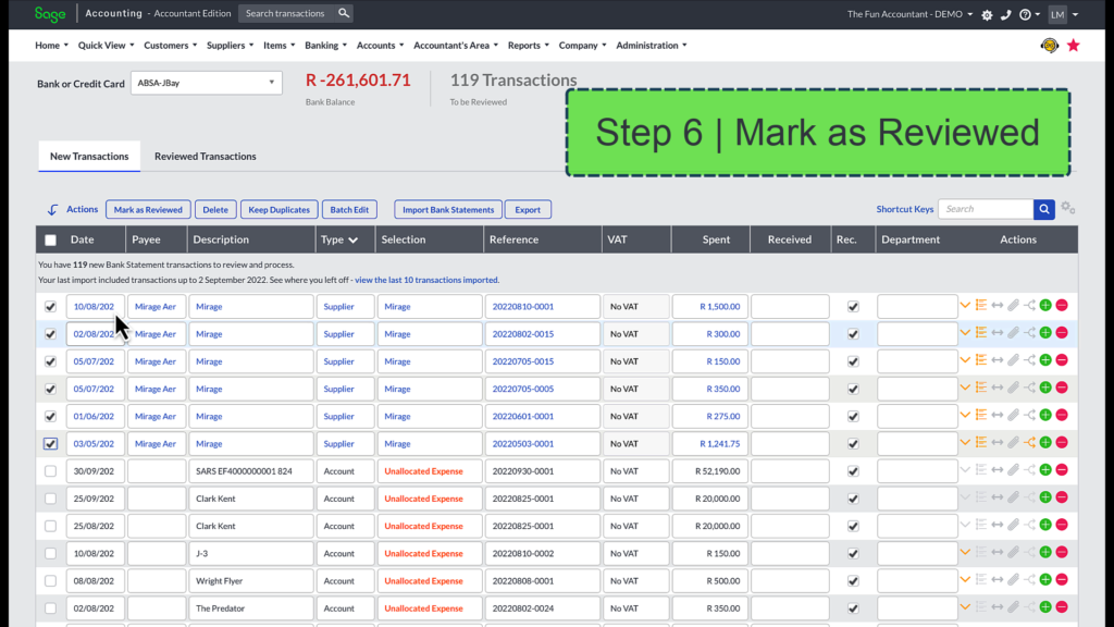 mark transactions as reviewed in Sage Accounting bank payments