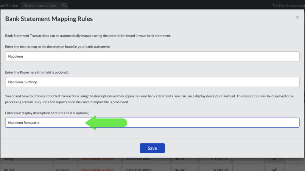 Sage Accounting bank mapping rule for automated processing