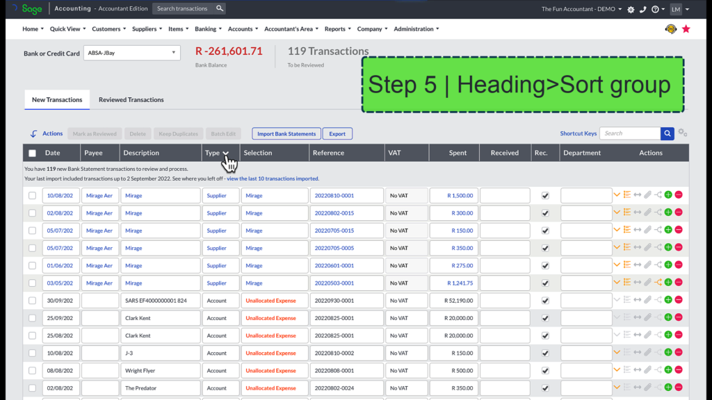 sorting bank transactions in Sage Accounting