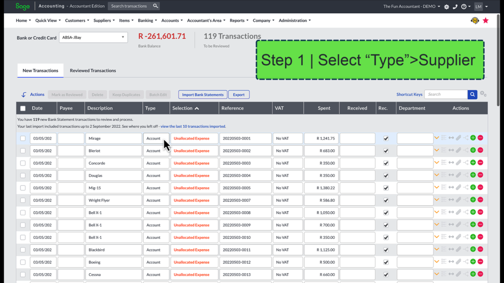 Sage payments select type of account