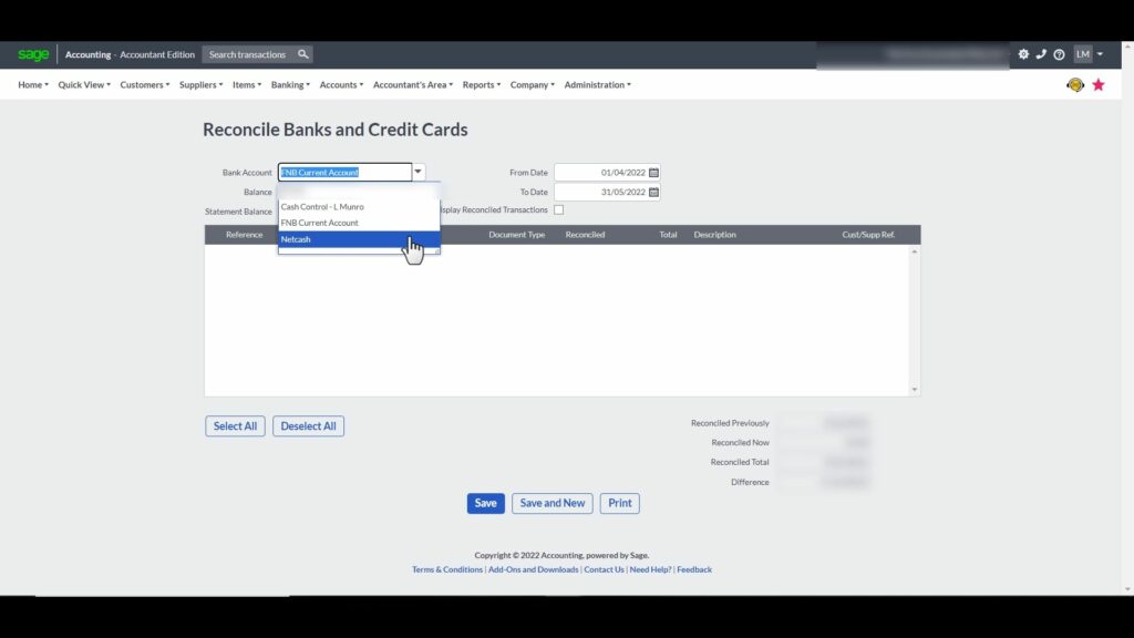 sage bank reconciliation select bank account