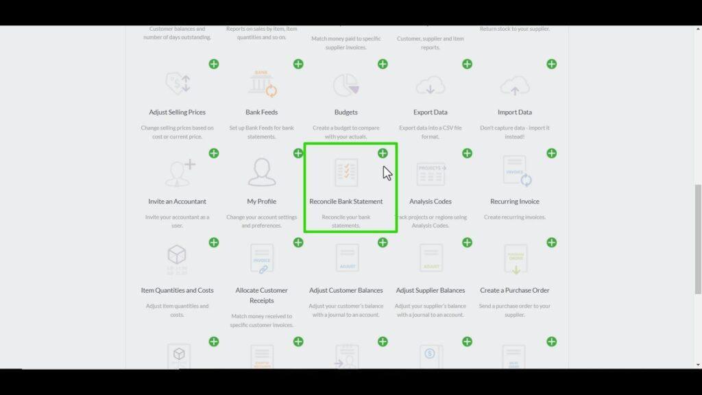 adding the reconcile bank statement widget to sage default workspace