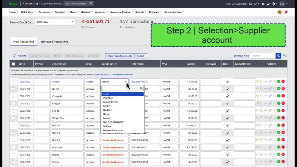 Sage supplier payment step 2 supplier account selection