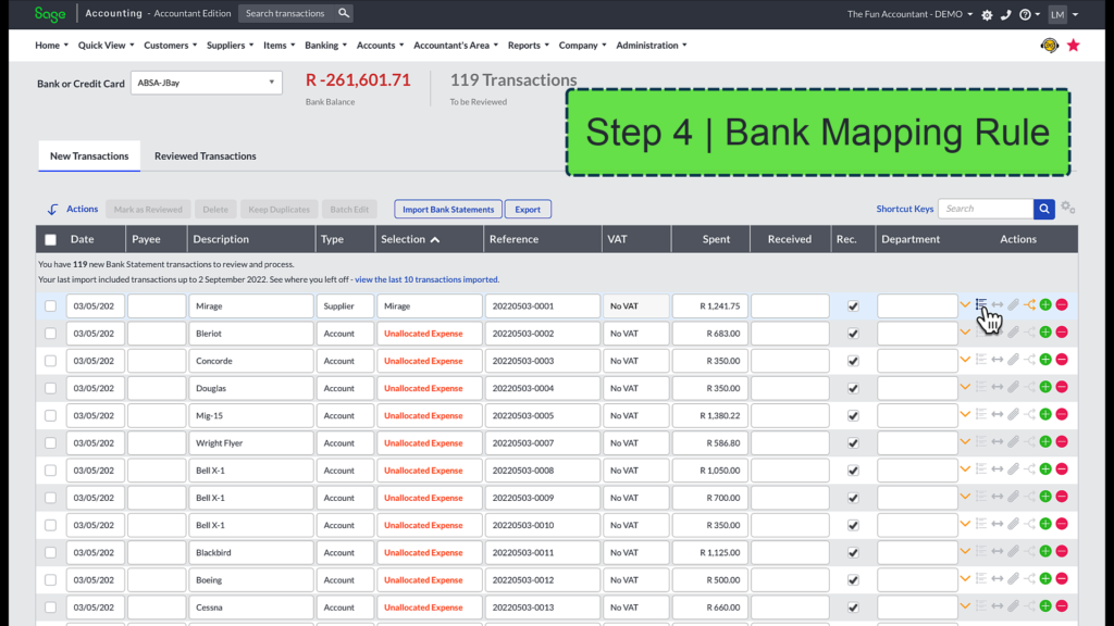 Sage Accounting bank statement mapping rules 