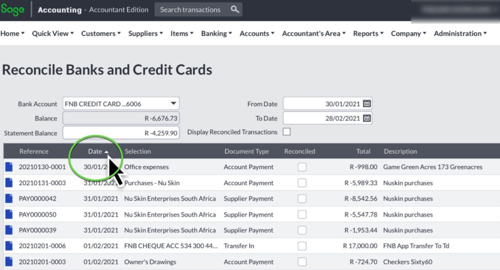 Sort cash book bank transactions by date for the bank reconciliation 