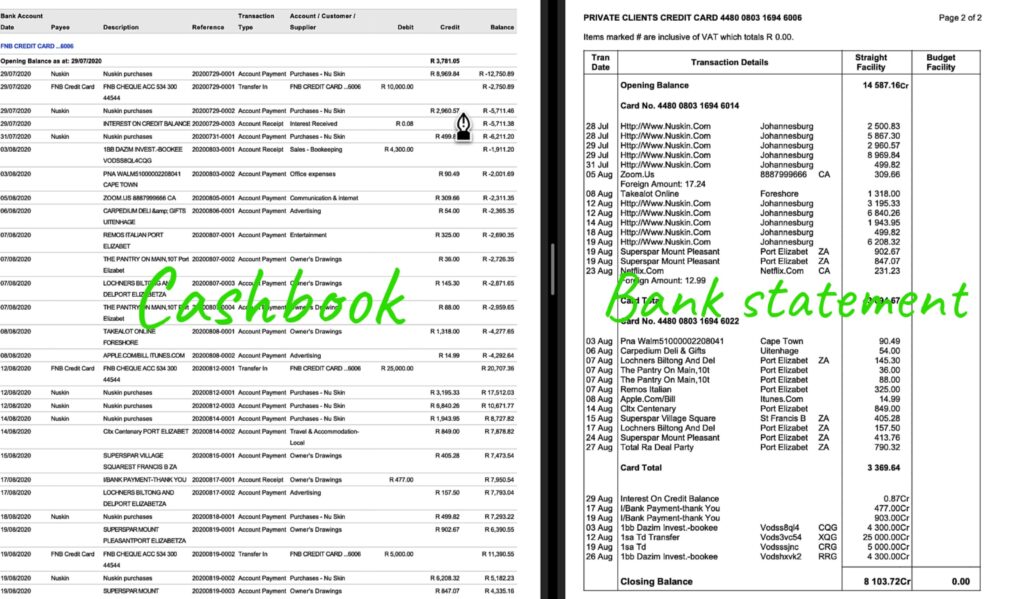 cash book and bank statement used for bank reconciliation by the fun accountant Louis Munro CA