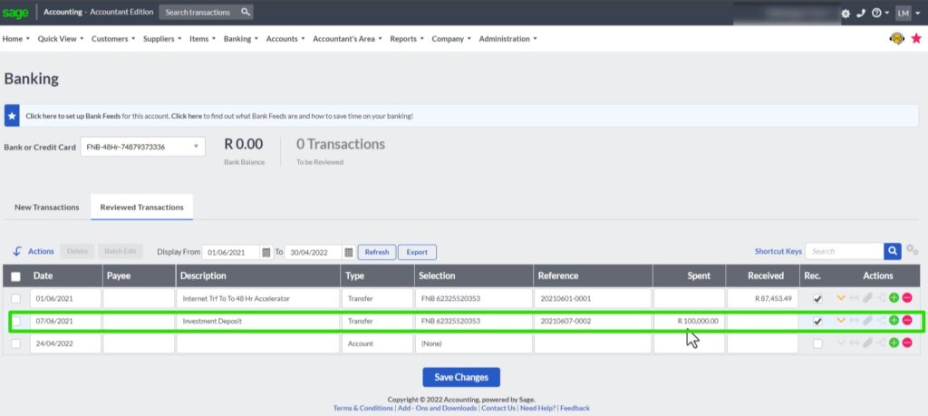 reviewed bank transactions in Sage Accounting