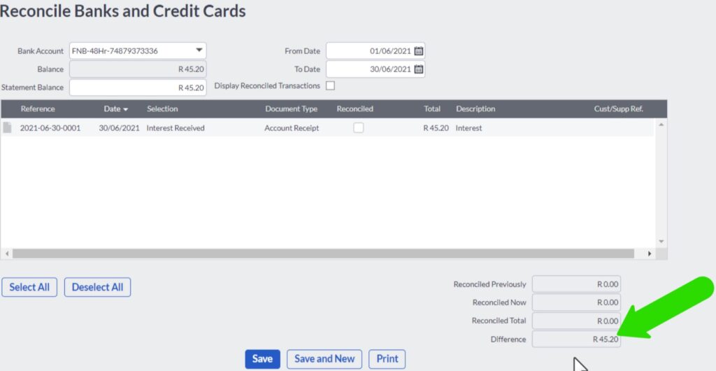 bank reconciliation fields in Sage Accounting